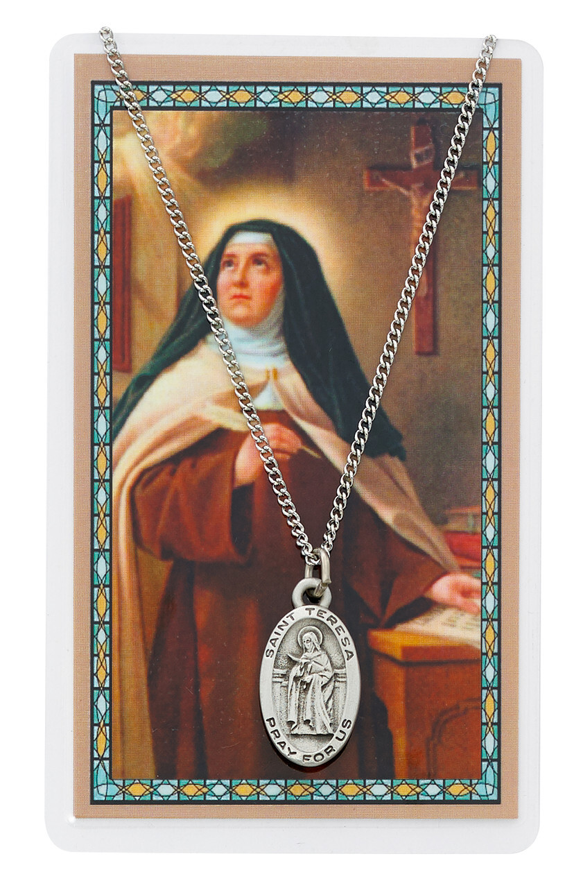 Saint Teresa Avila Prayer Card Set Pewter Medal Pendent 24 Inch Silvertone Chain