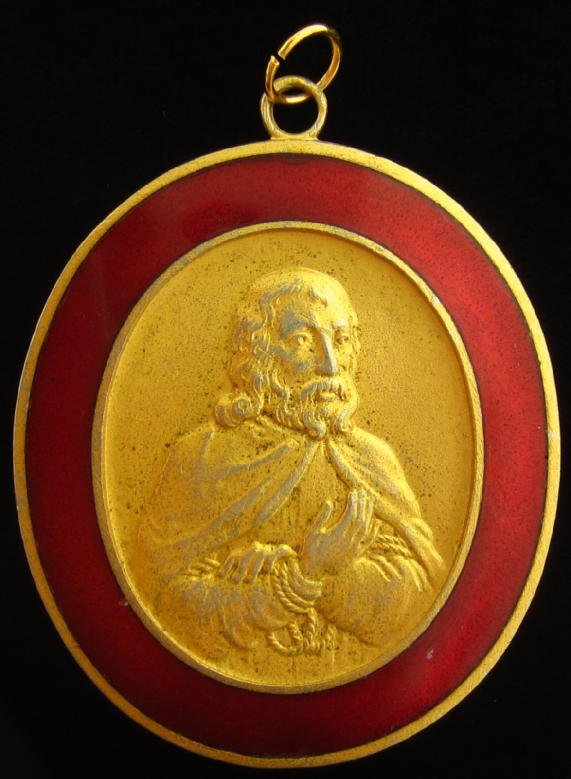 Vintage Saint Medal Gold Tone Red Enamel Religious Holy Catholic XL Large