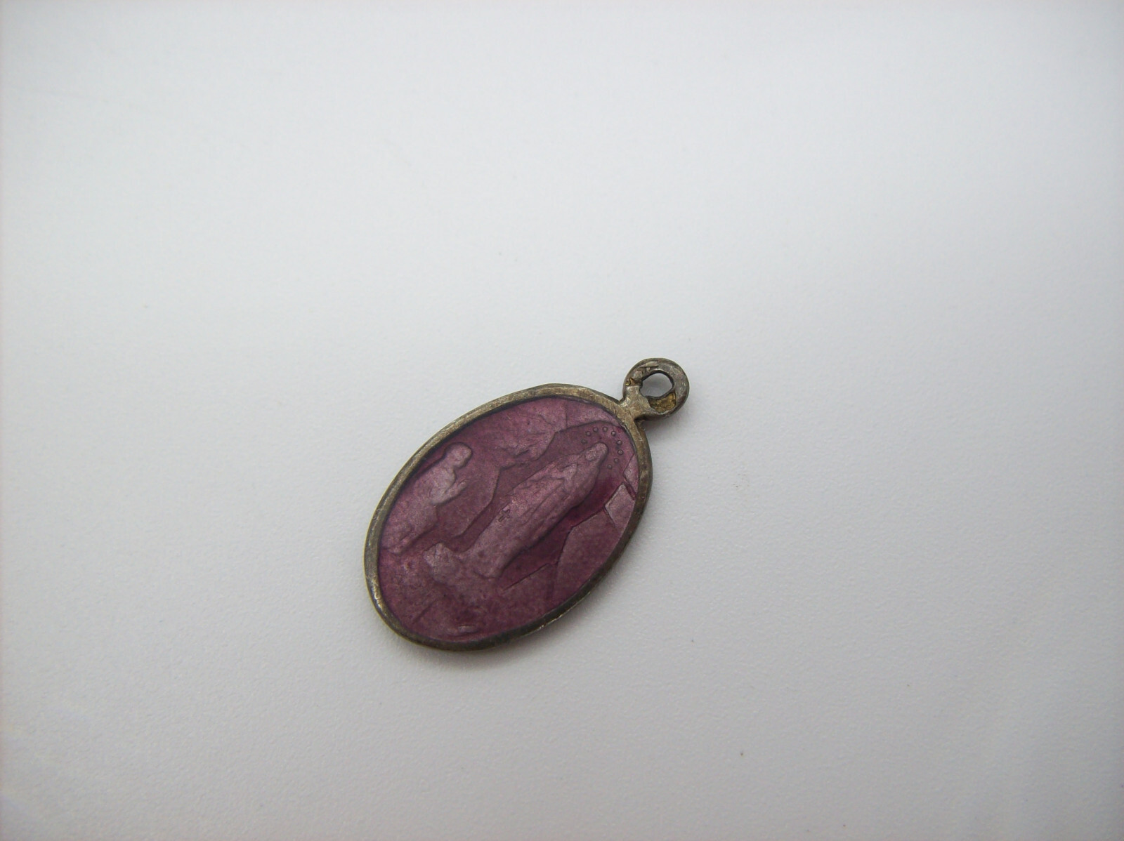 Vintage Catholic Silver Pink Purple Enamel Holy Medal Our Lady of Lourdes, x