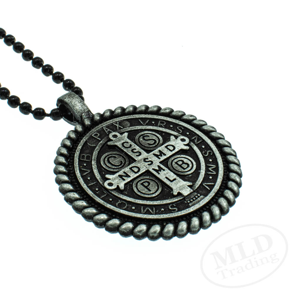 Knot Border Saint St Benedict Medal Pendant Necklace 24″ Ball Chain Black