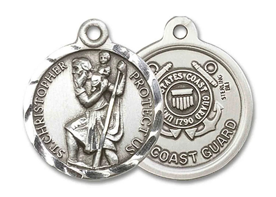 Sterling Silver St Christopher US Coast Guard Medal Pendant Necklace 24″Chain