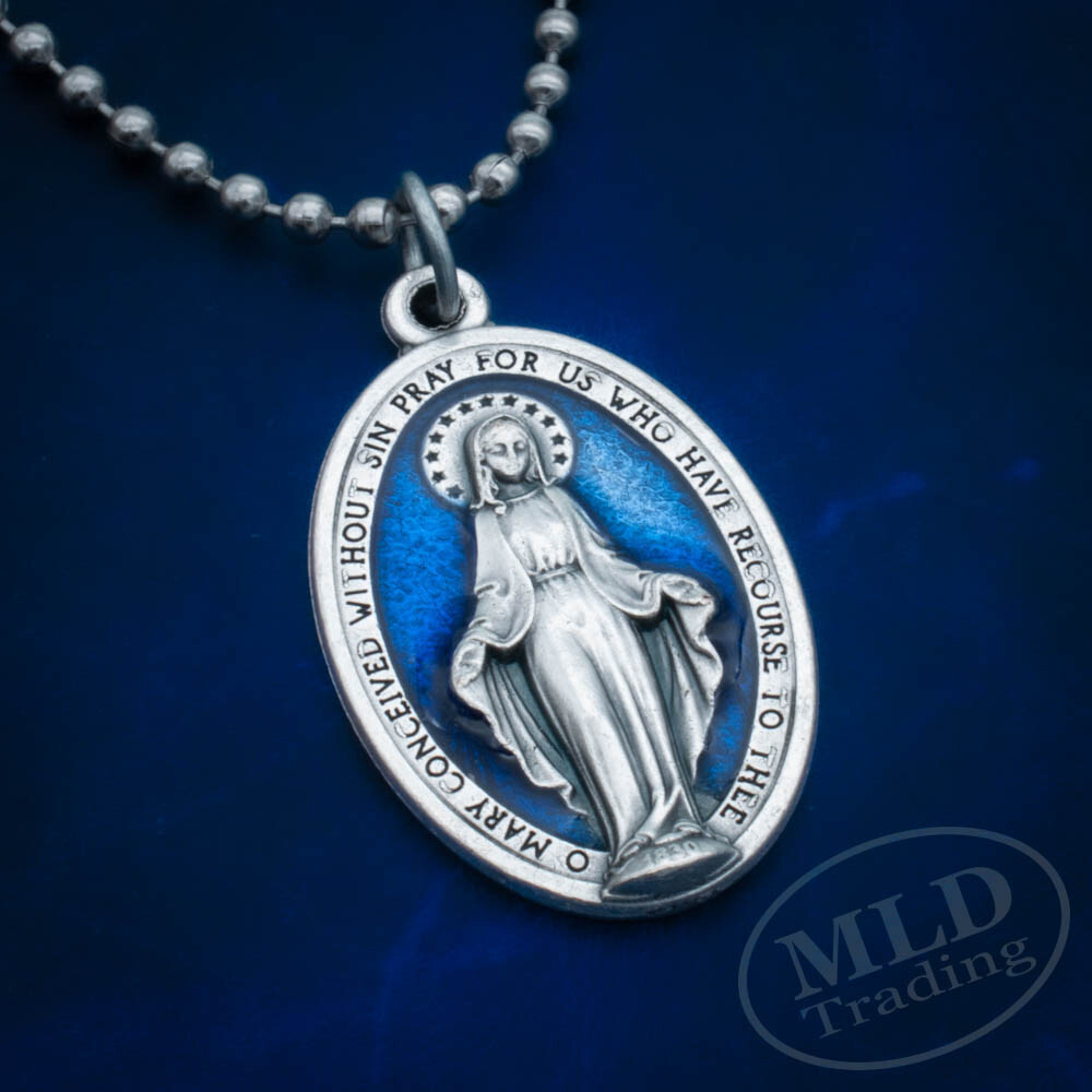Miraculous Medal Necklace Catholic Virgin Mary 1.5″ Blue Pendant Made In Italy