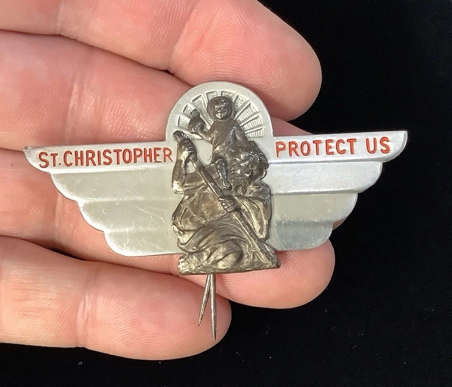 Vintage 1950s Mid Century Religious St. Christopher Protect Us Visor Clip Pin