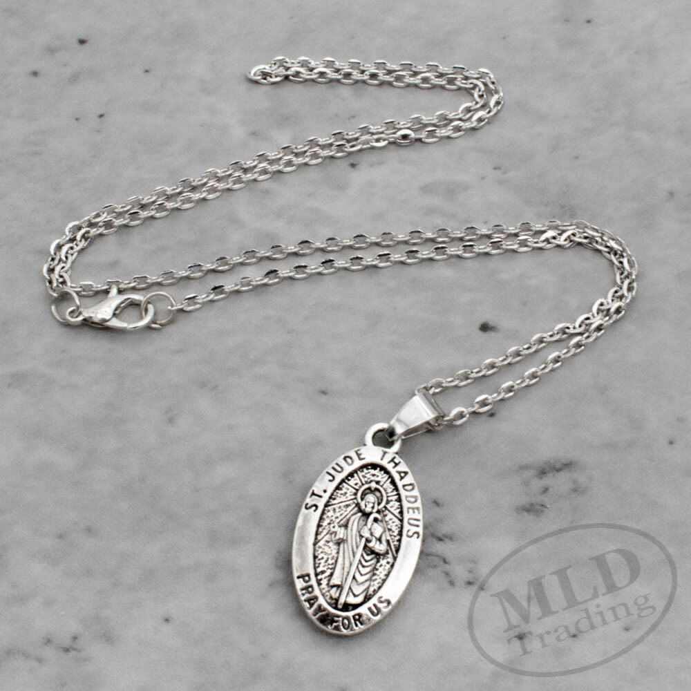 Saint St Jude Thaddeus Pray For Us Oval Silver Medal Pendant Necklace 18″ Chain