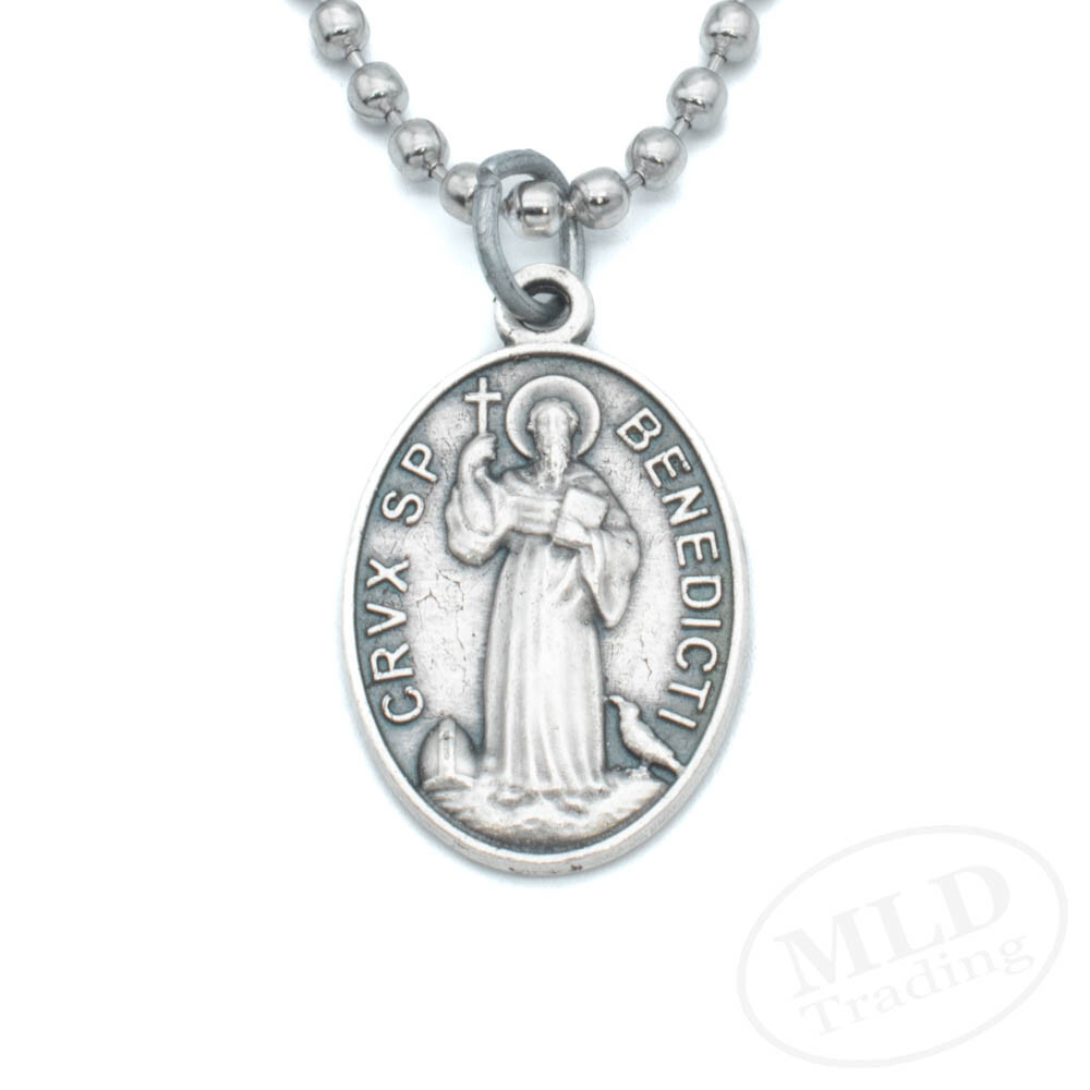 Italian Saint Benedict Medal Pendant Necklace – Silver Zinc Alloy, 24″ Chain