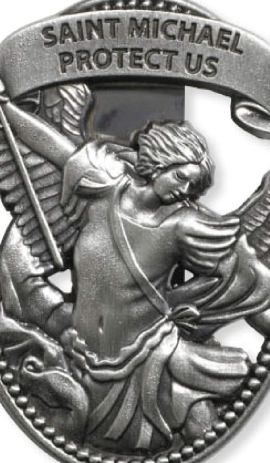 Silver Tone Zinc Alloy Archangel St Michael Protect Us Visor Clip, 2 1/4 Inch