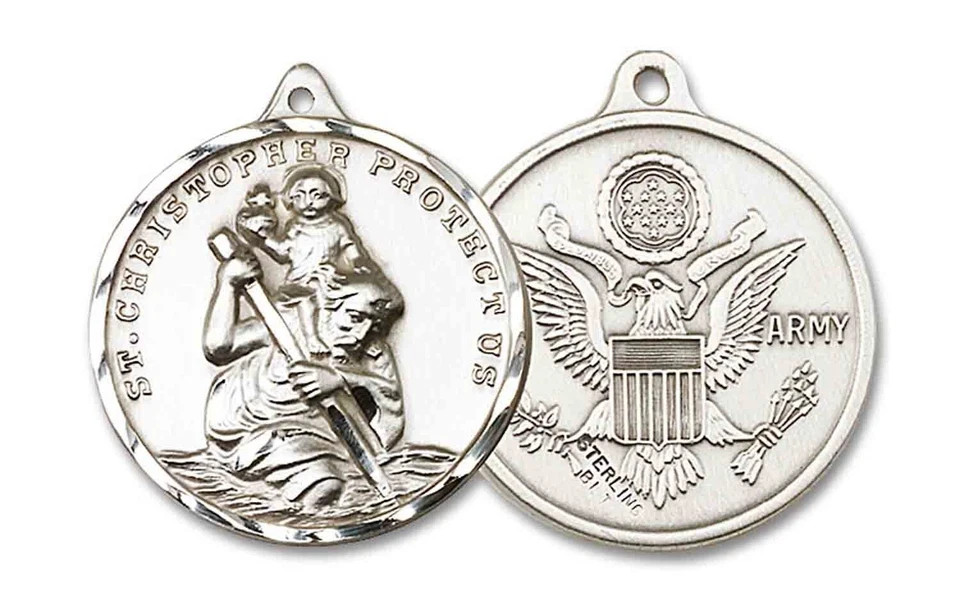Mens Sterling Silver St Saint Christopher Medal Pendant Necklace Army With Chain