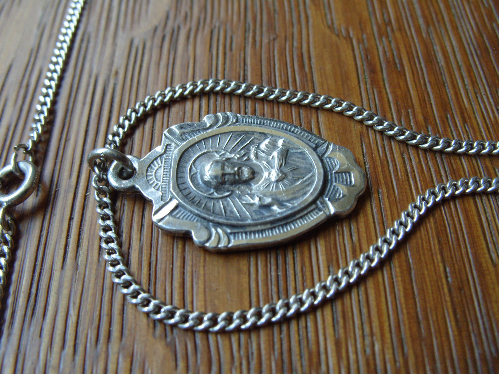 Vintage HMH Sacred Heart Jesus Mother Mary Sterling Silver Pendant 18 in Chain