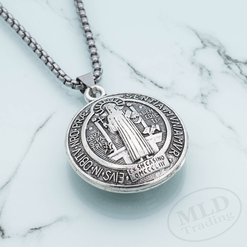 3D Saint St Benedict Medal Thick Pendant Necklace w 24″ Box Chain Silver Tone
