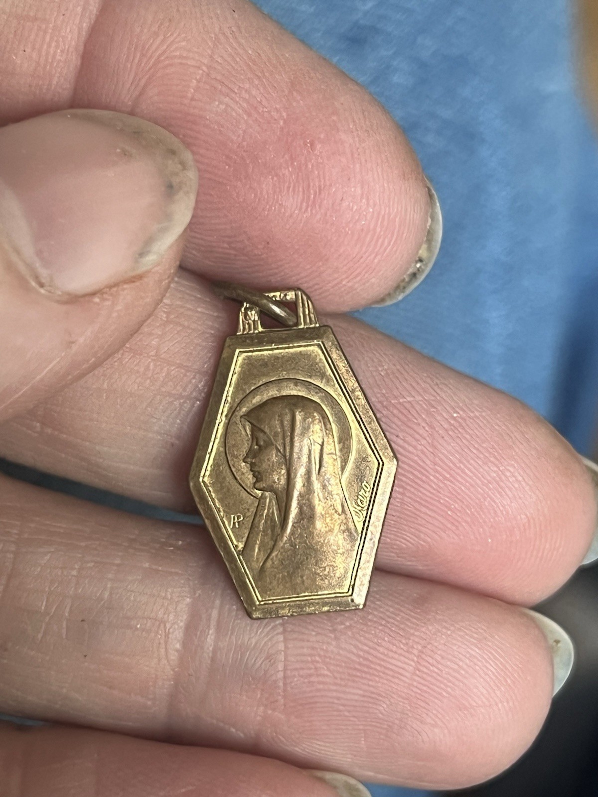 Antique French medal Virgin Mary Brass Gold 1” Pendant Antique Art Deco Charm