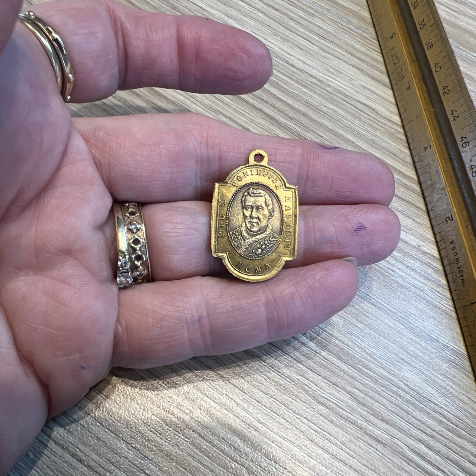 Antique Italian Medal Saint Pope Pius X Tenth Mary miraculous brass gold Pendant