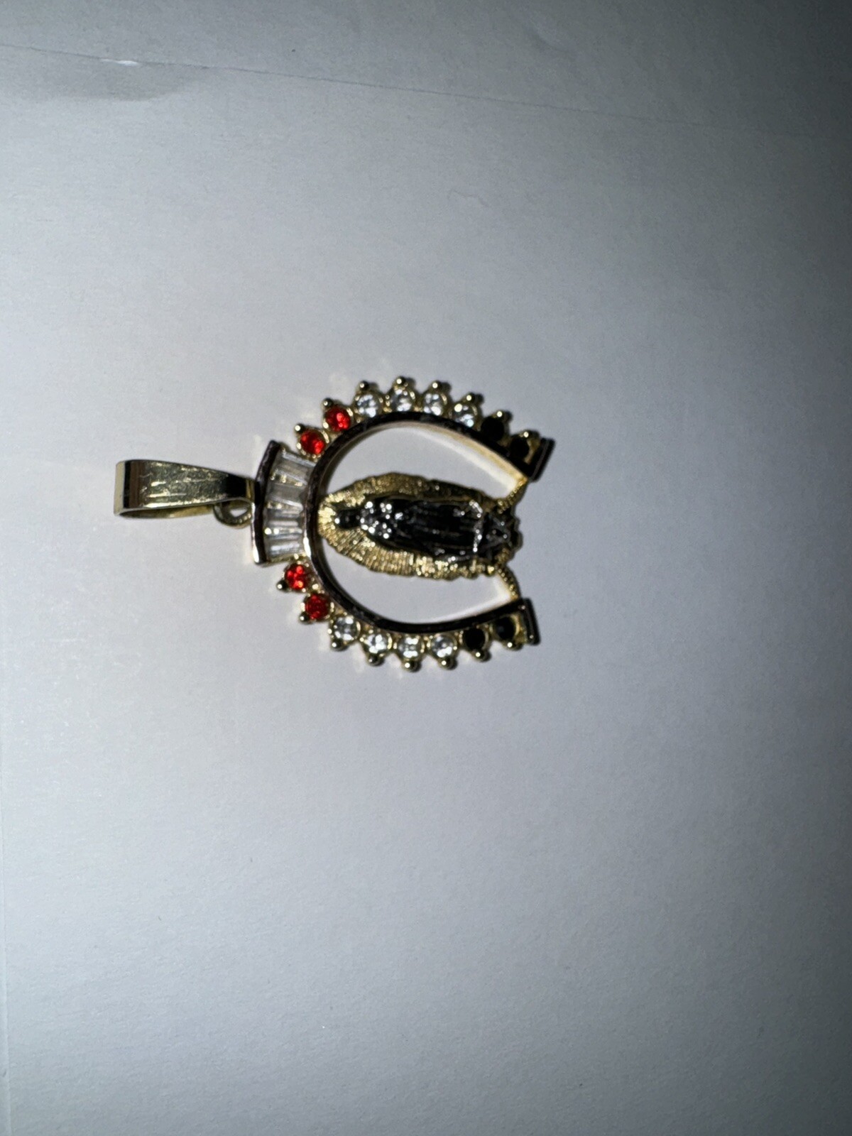 Gold Tone Horse Shoe With Lady of Guadalupe Virgin Mary Catholic Medal Pendant