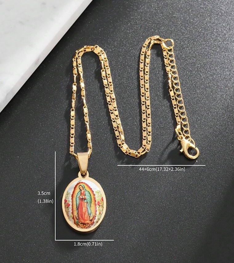 Lady of Guadeloupe Virgin Gold Multi Pendant Oval Scapular Necklace Titanium SS