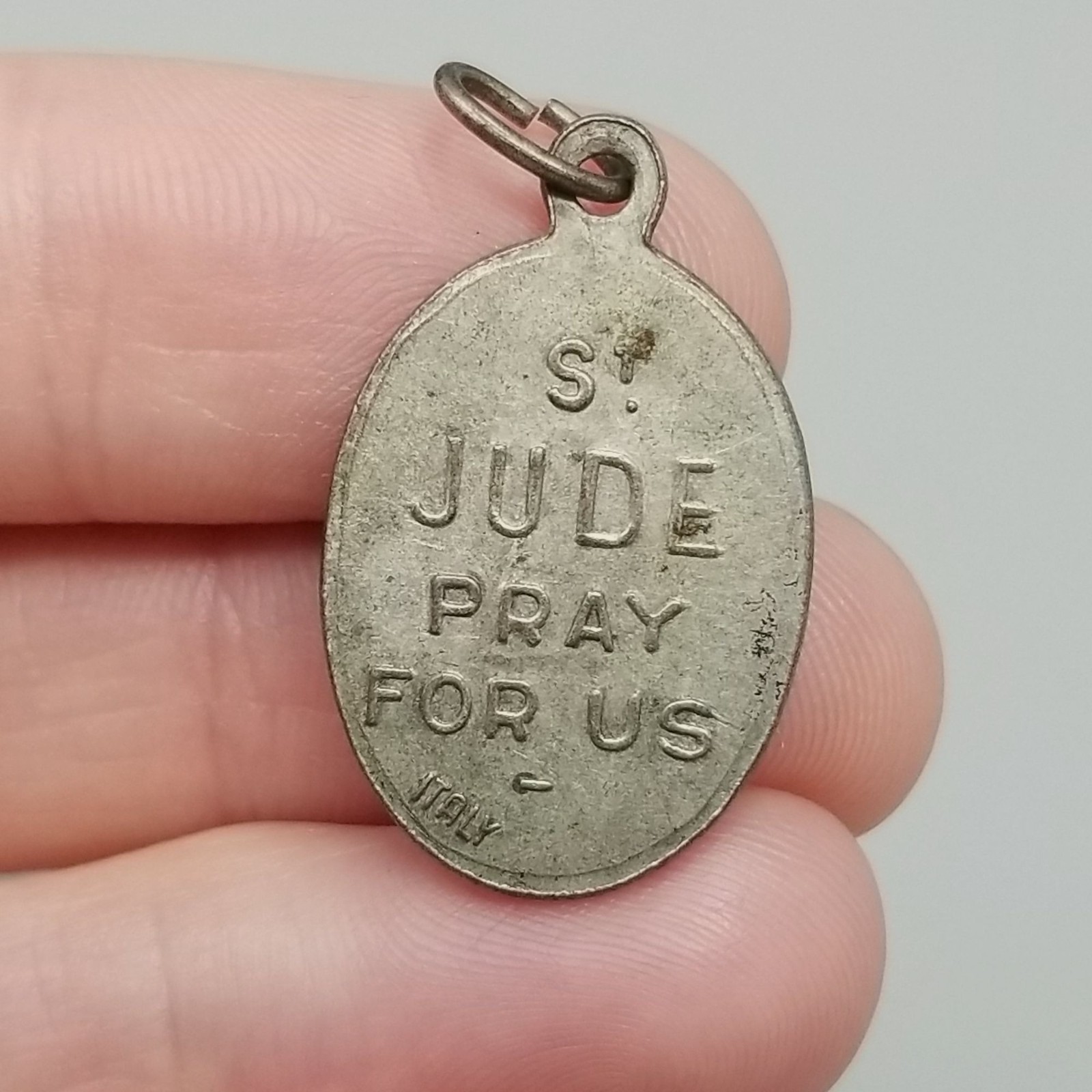 Vintage Saint St Jude Pray for Us Medal Pendant Charm Oval Silver Tone Italy