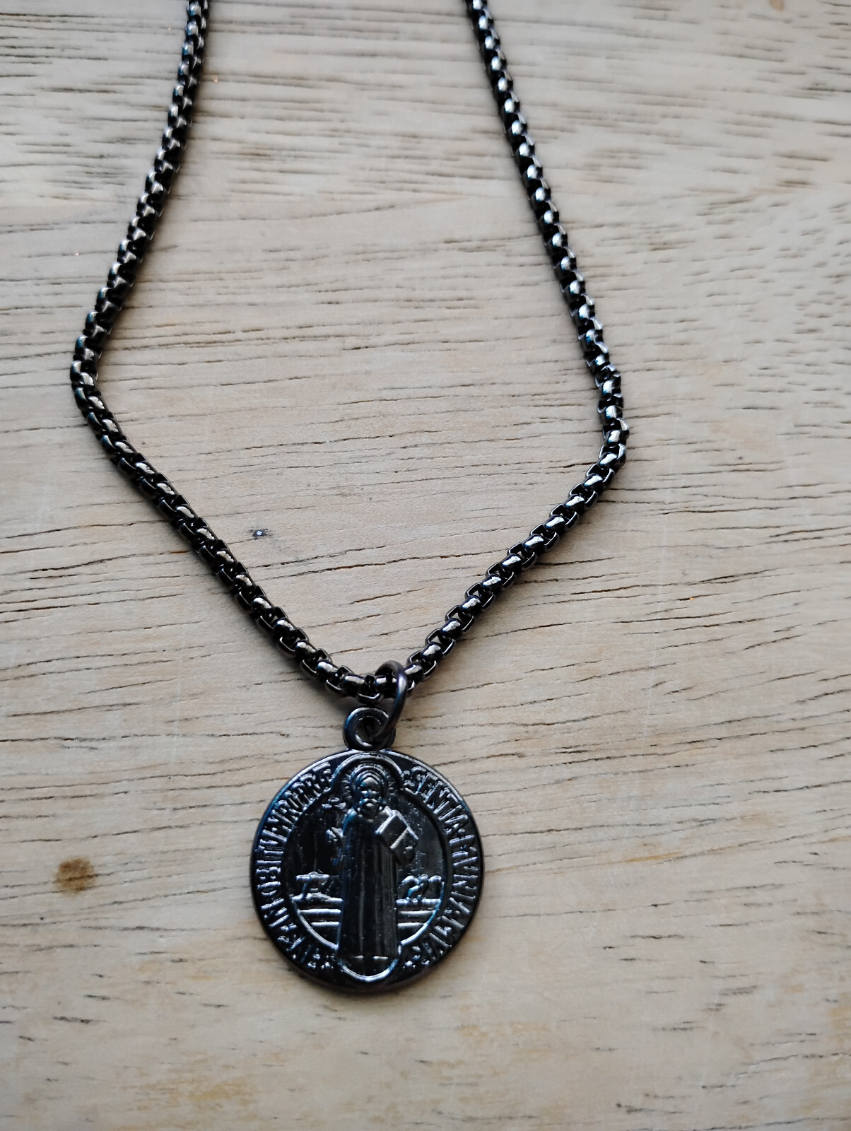 Italian Black Gunmetal St Benedict Medal Necklace Stainless steel Rolo Box Chain
