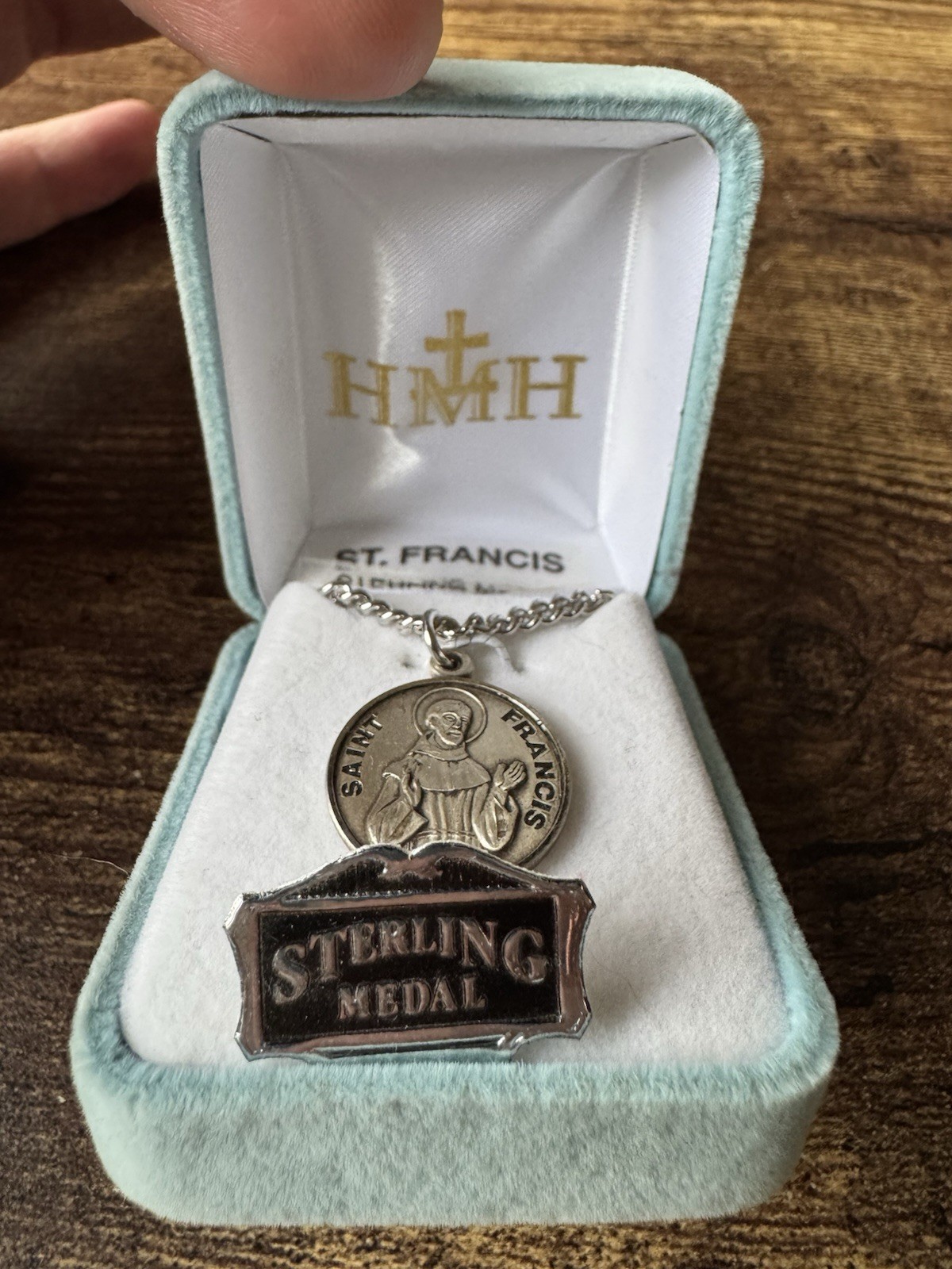 St Francis Sterling Silver Metal Toned Medal Pendant Necklace HMH With Case