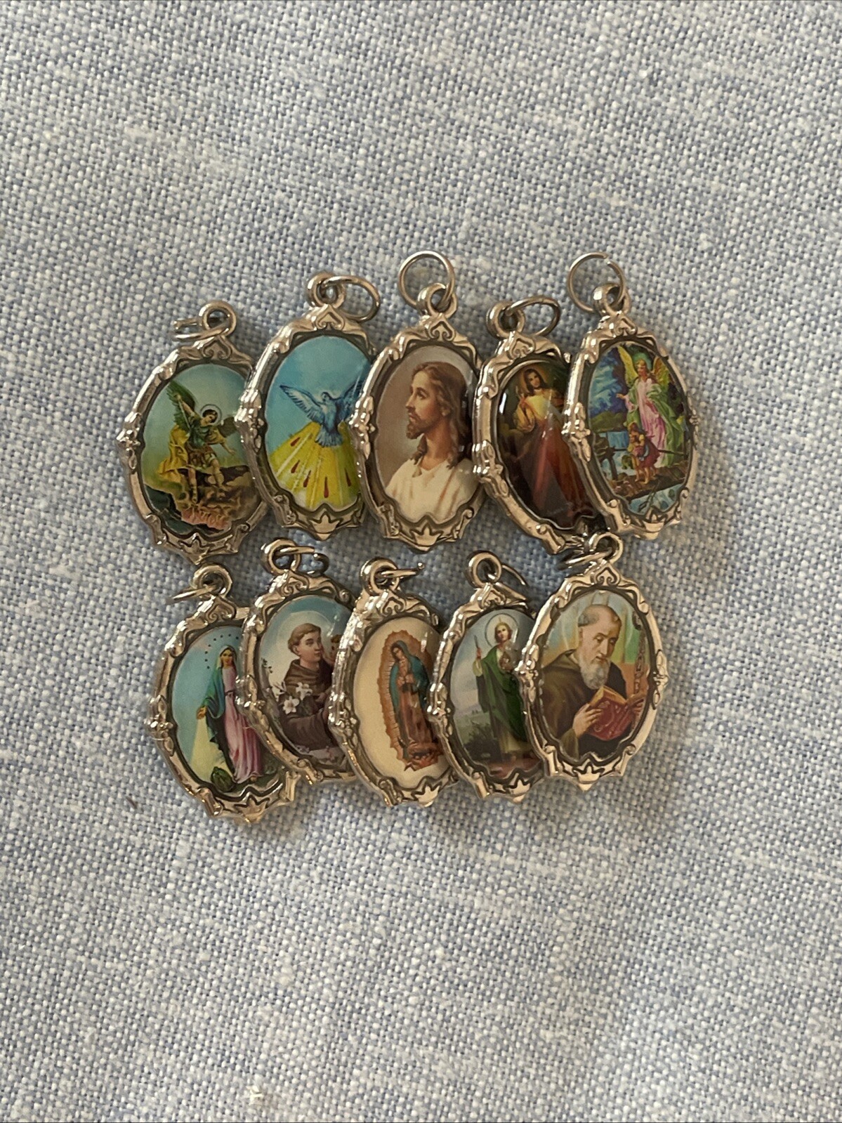 Lot of 10 Religious Medals Pendants Charms, Virgin Mary, Guardian Angel, Jesus,