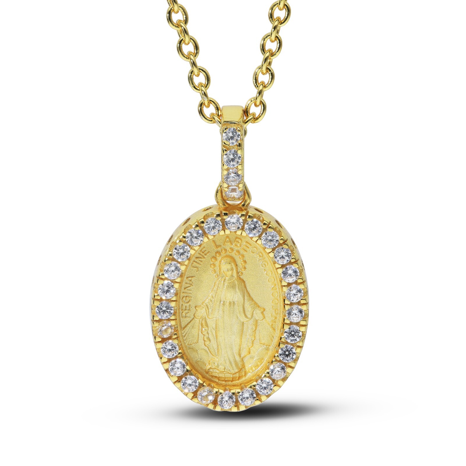 Miraculous Medal 14k Gold over Silver Virgin Mother Mary Pendent Necklace cz set