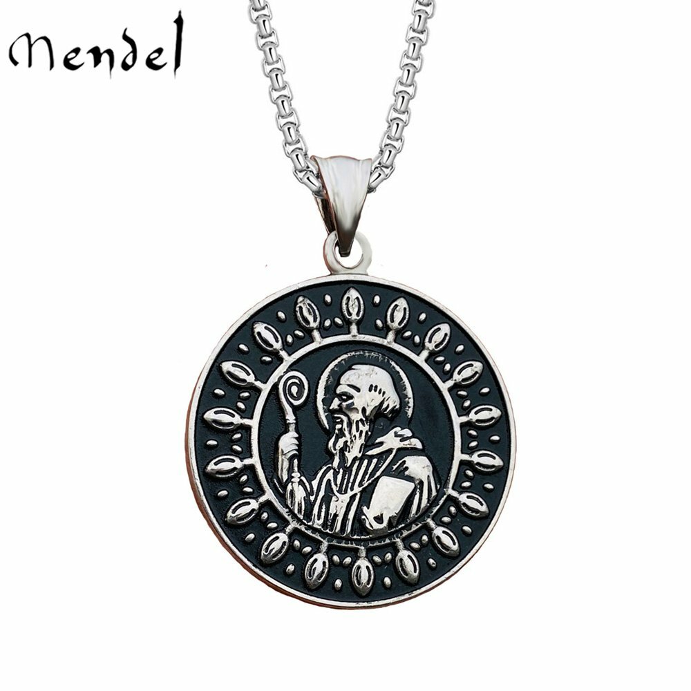 MENDEL Catholic St Saint Benedict Medal Cross Pendant Necklace Stainless Steel