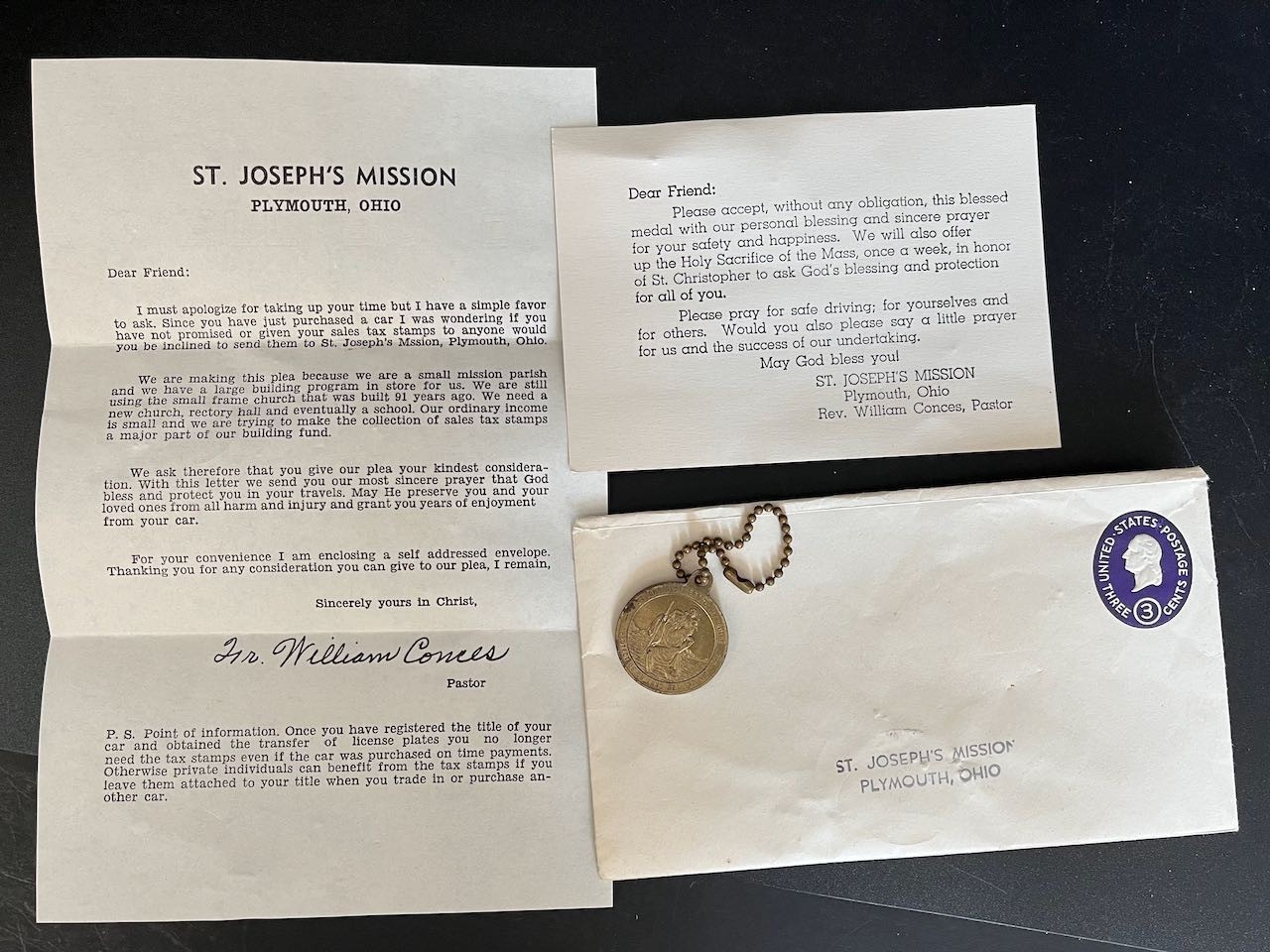 Vintage St. Christopher Medal w/ 1950s St. Joseph’s Mission Letter & Envelope