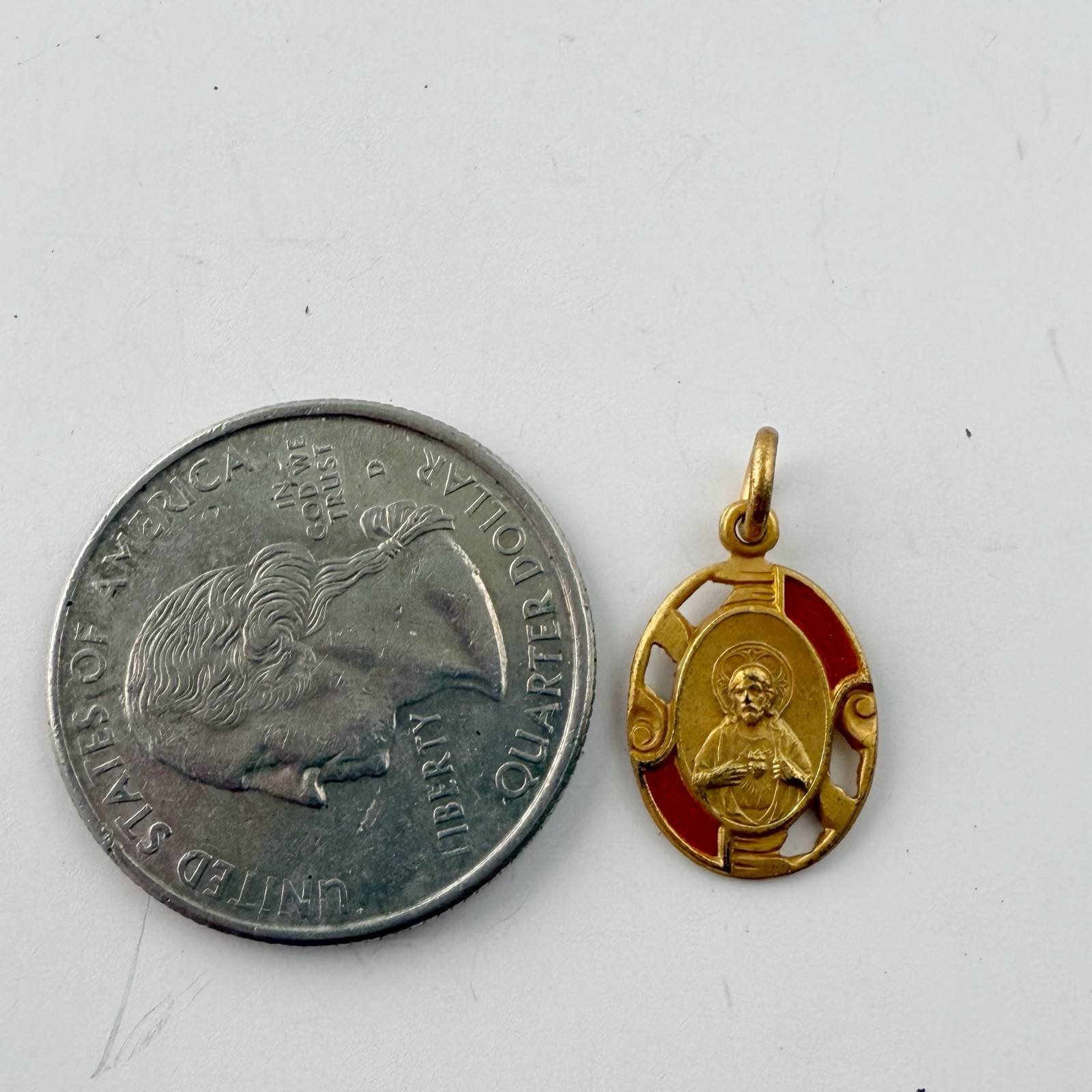 Vintage Sacred Heart of Jesus Red Enamel Brass Plated Oval Pendant Medal Charm