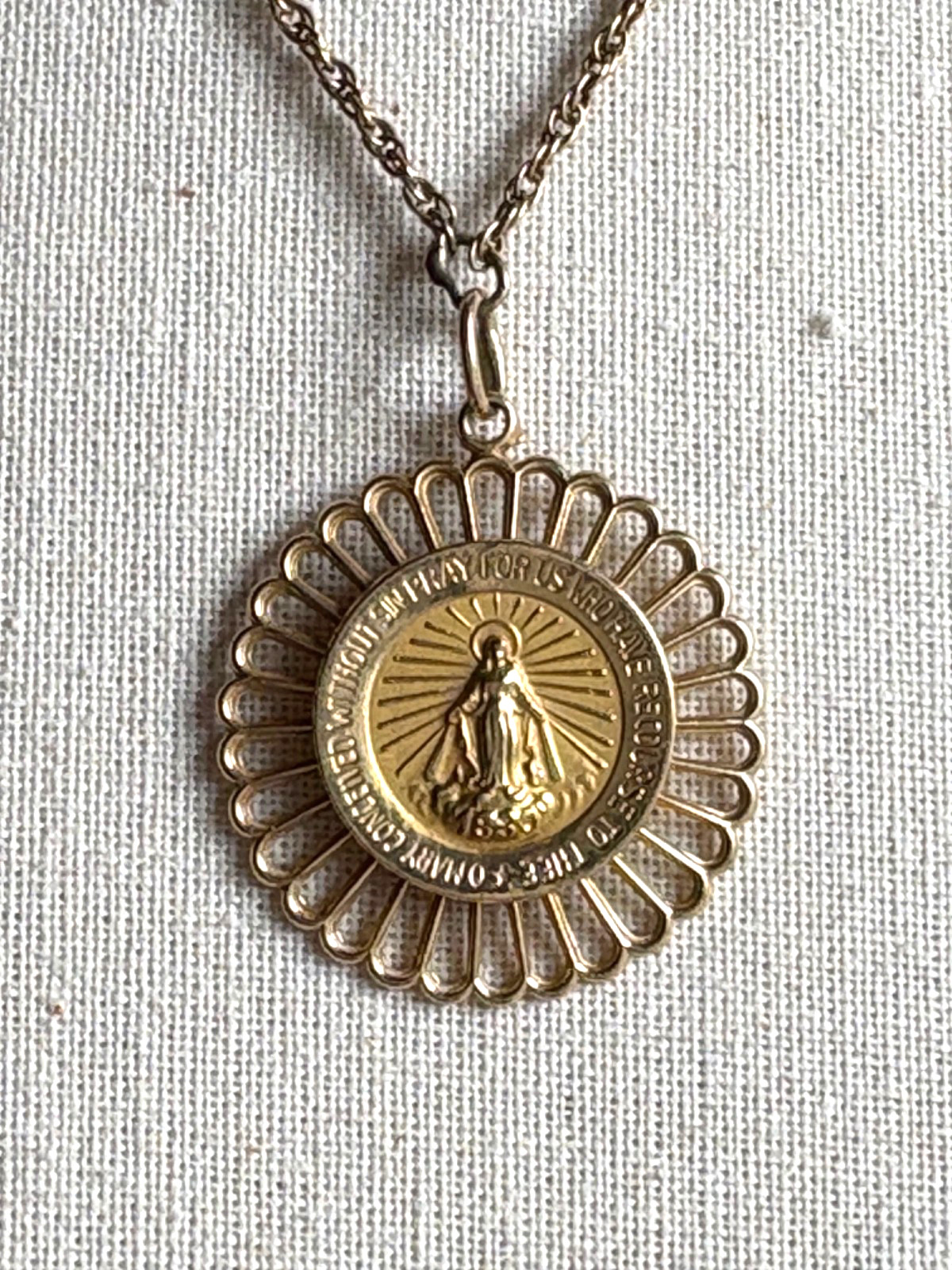 Vintage A Co 14K Gold Miraculous Mary Medal Pendant on 18″ 10K Gold Chain 1960s