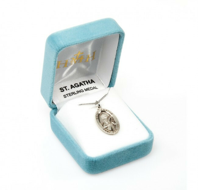 St. Agatha Sterling Silver Oval 1.1″ Medal, Gift Box, .24″ Chain, US Made
