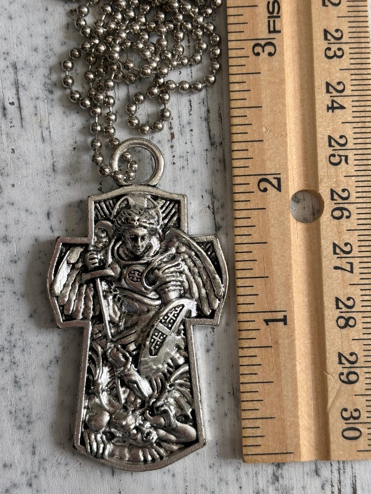 St Michael Cross 2″ In Pendant Protect Us on Bead Ball Chain w/ Velour Bag