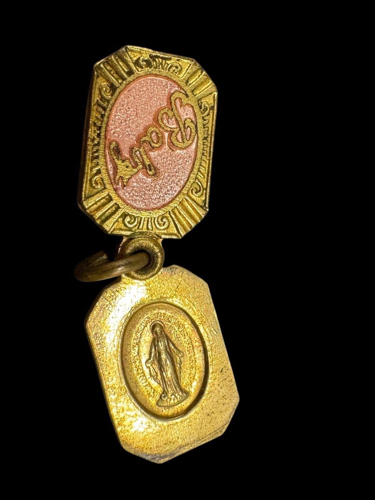 Pink Baby Mother Mary Sacred Heart of Jesus Gold Electroplate Pendant .5″