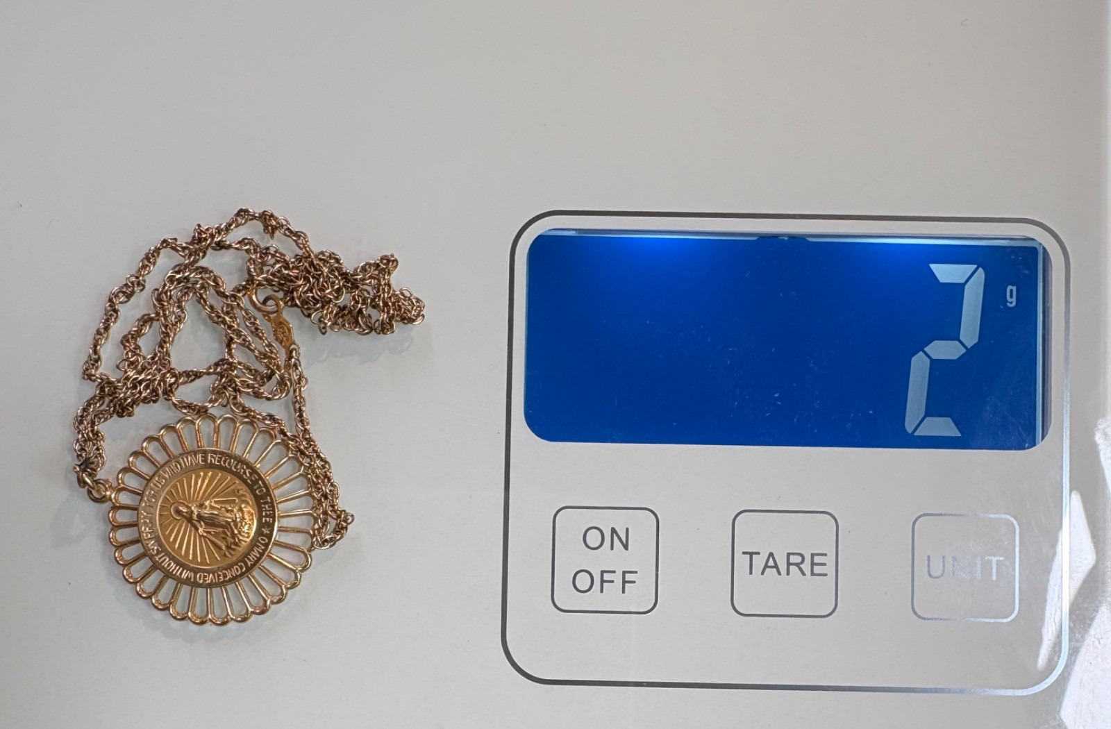 Vintage A Co 14K Gold Miraculous Mary Medal Pendant on 18″ 10K Gold Chain 1960s