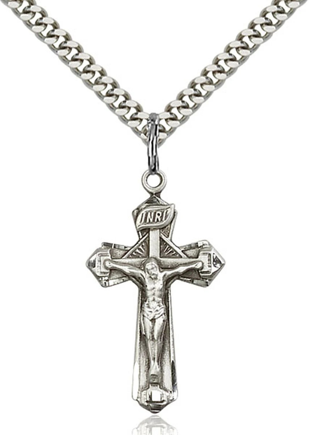 Sterling Silver Catholic Cross Crucifix Medal Pendant Necklace 24″ Chain GiftBox