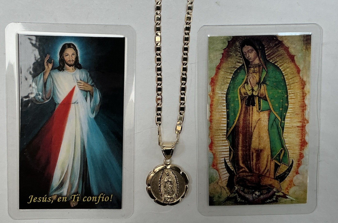 14K Gold Plated Medal And Chain Of Guadalupe And Divine Mercy 3D. Necklace