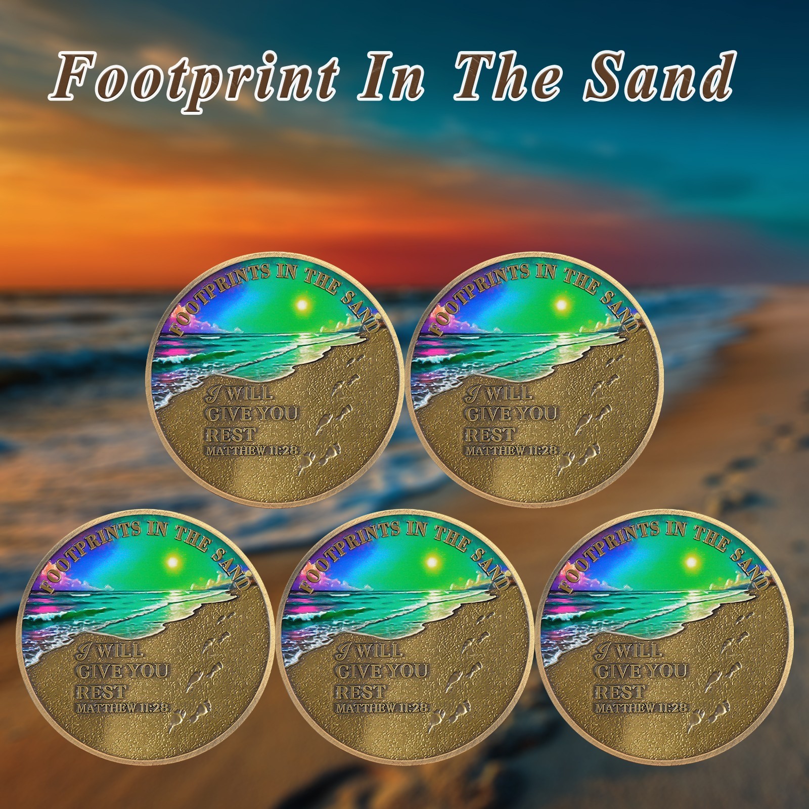 5pcs Inspirational Christian Coin Footprint In The Sand Matthew 11:28 Verse Coin