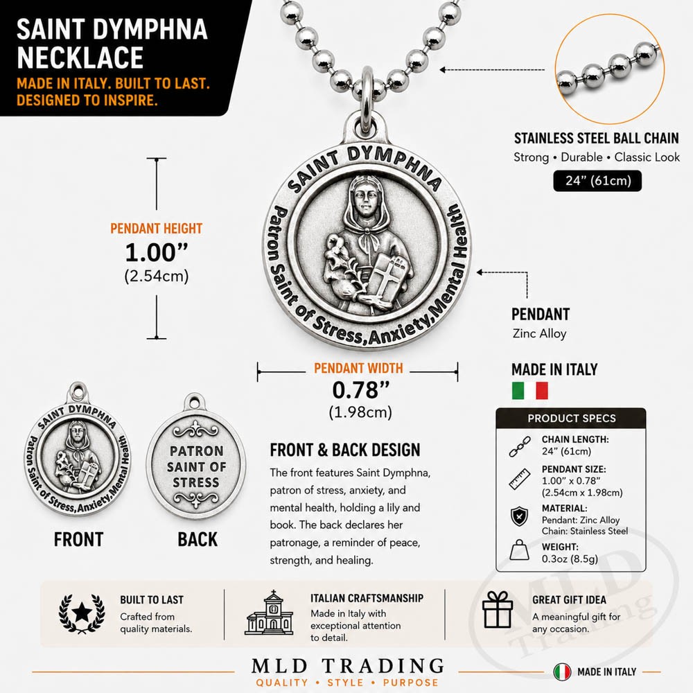 Saint St Dymphna Medal Pendant Necklace Made in Italy Patron of Stress & Anxiety