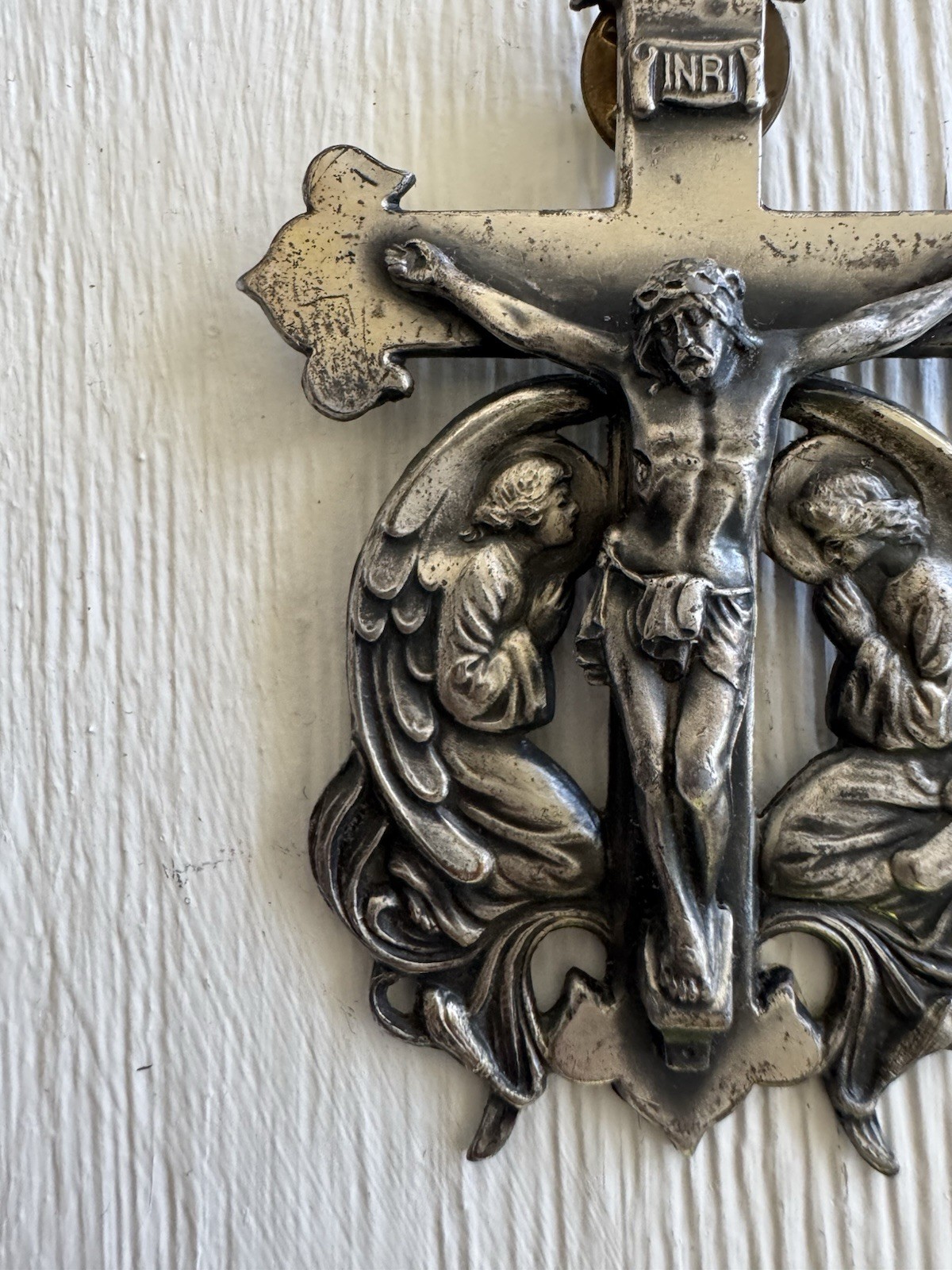 Vintage Silver Tone Crucifix Stick Pin Catholic Jesus Angels INRI Religious 3in