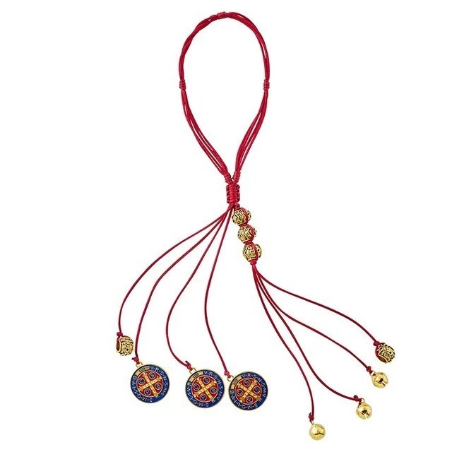 St. Benedict Medal Home Protector Door Hanger – Golden Mini Bells Red Cord 10″ L
