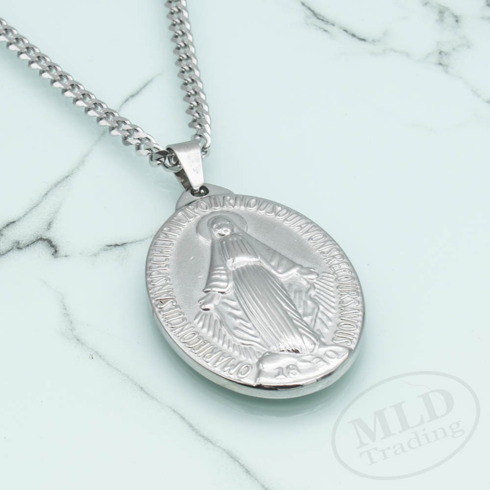 Stainless Steel St Mary Miraculous Medal Pendant Necklace – 1-3/4″, 24” Chain