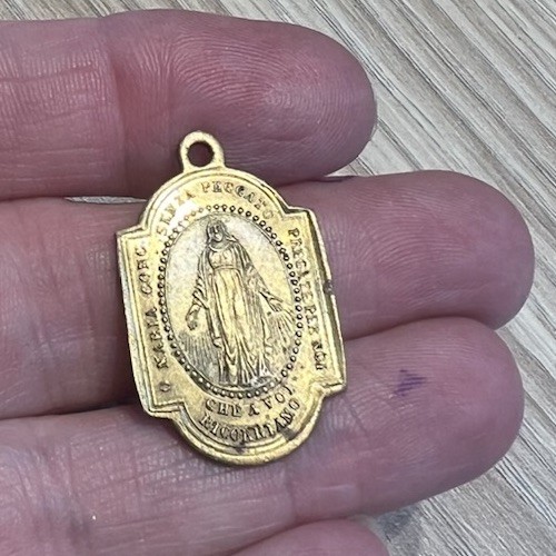 Antique Italian Medal Saint Pope Pius X Tenth Mary miraculous brass gold Pendant