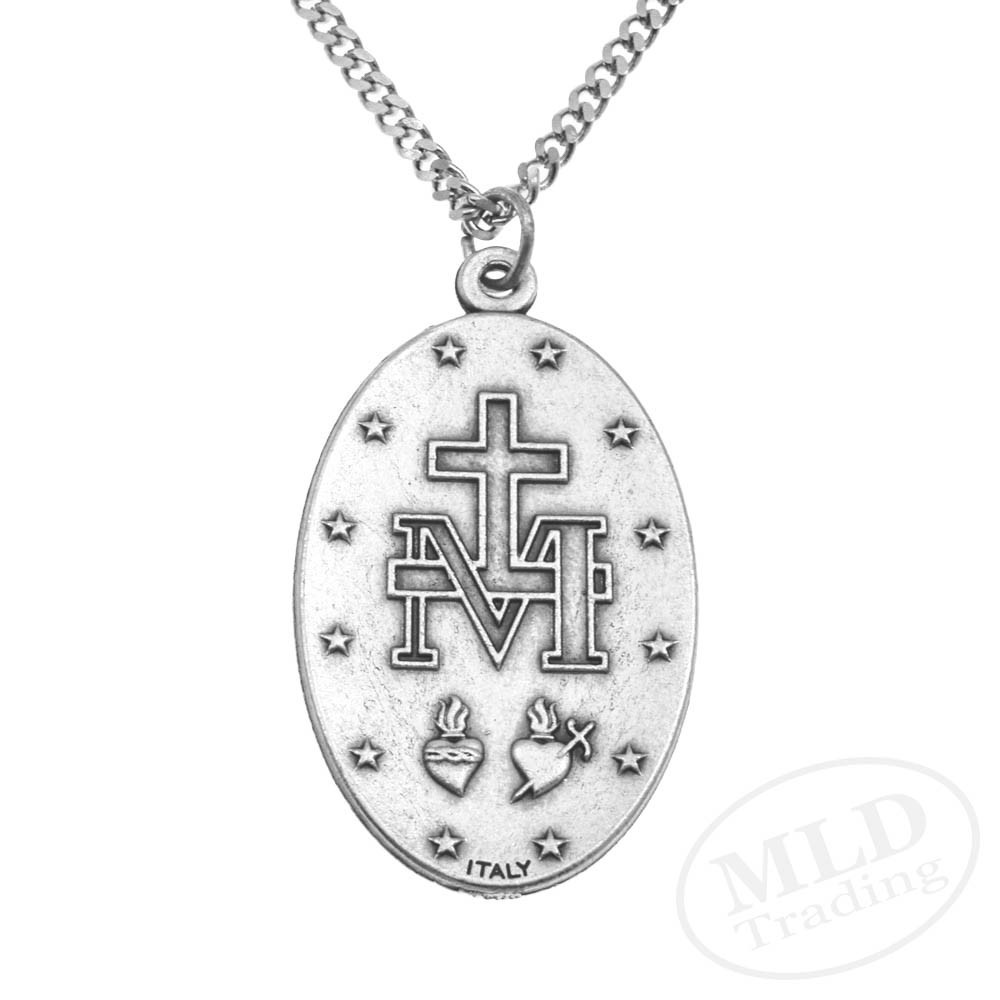 Large 1 3/4″ Blue Miraculous Medal Mary Pendant Necklace Italy w 24″ Curb Chain