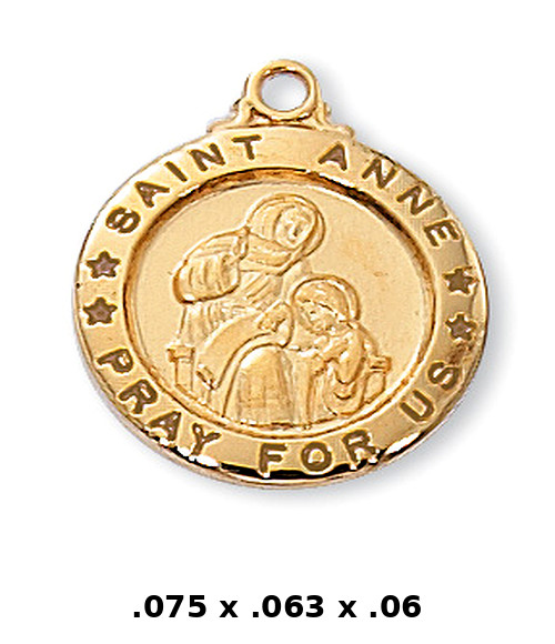 St. Anne Pray For Us Round Gold Plated Sterling Medals Pendant w/ 18 Inch Chain