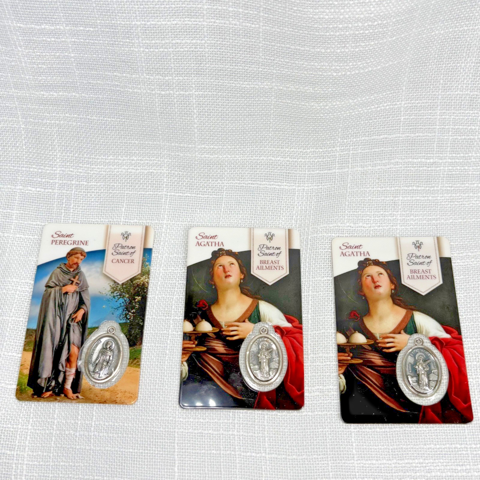 St Peregrine St Agatha Coin Laminated Prayer Card Medal Silver Charm Cancer 3pk