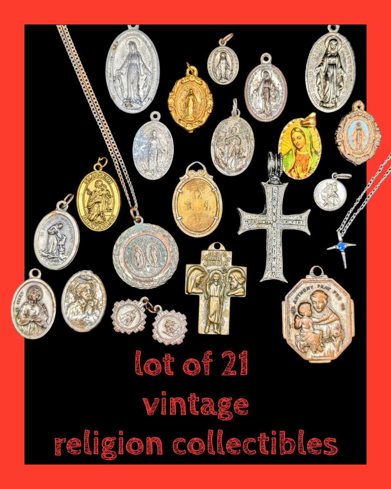 LOT OF 21 Religion Collectibles MEDALS Medallions MARY Saints CHRISTIAN Catholic