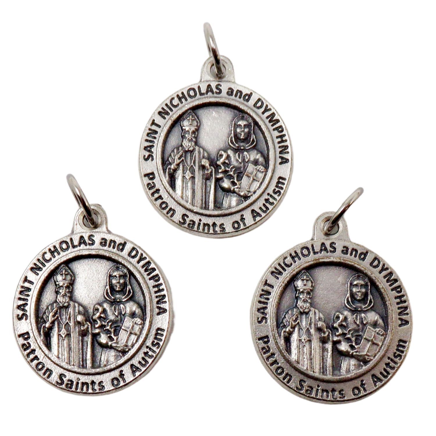 St Saint Dymphna and Nicholas of Autism Silver Tone Medals Rosary Parts 1 In
