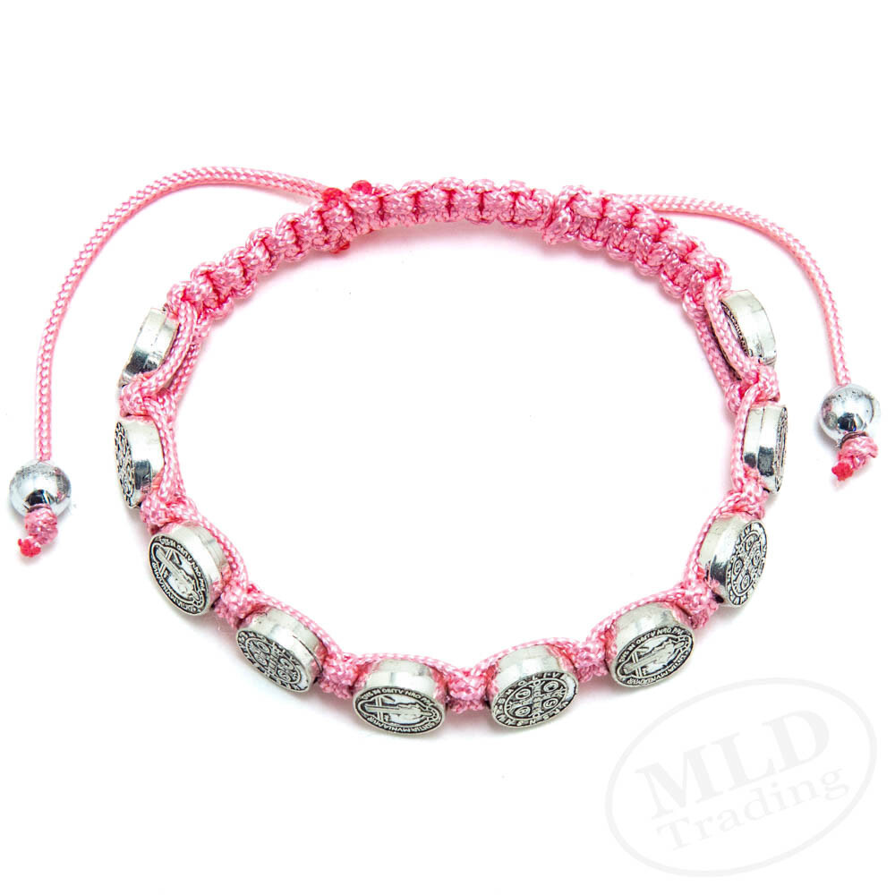 Pink Macrame Saint St Benedict Medal Cord Bracelet – Adjustable, 10 Medals