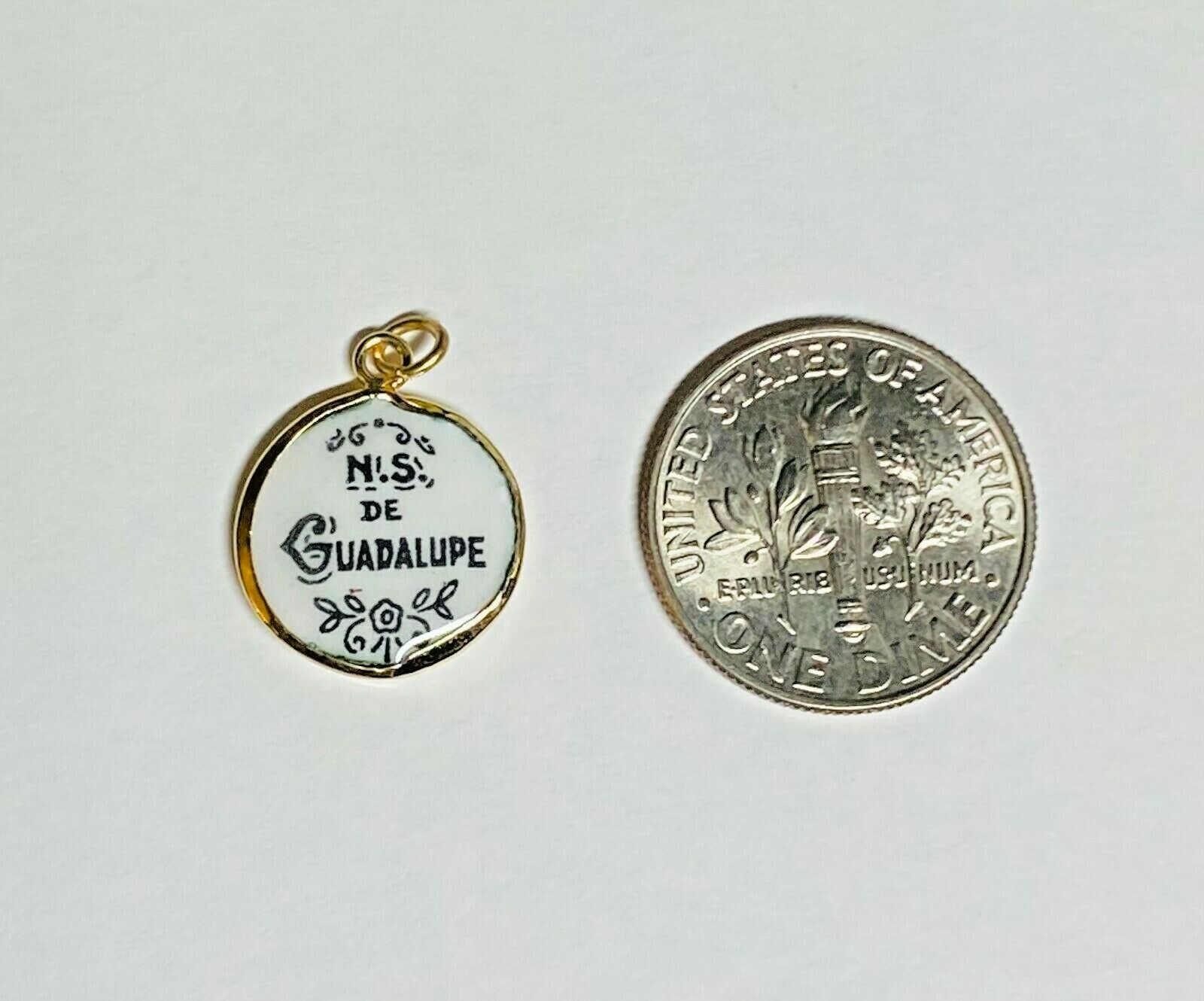 Vintage NOS 10K Yellow Gold Enameled Our Lady of Guadalupe 12.8mm Medal