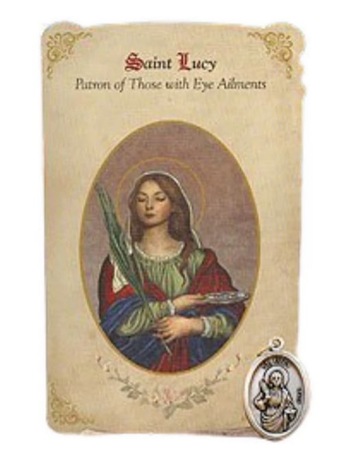 St Lucy Patron of Eye Ailments Blindness Healing Medal Holy Card Set