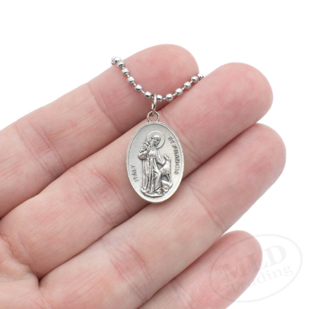 Italian Made Oval Saint Francis Medal Necklace – Zinc Alloy, Silver, 24″ Chain