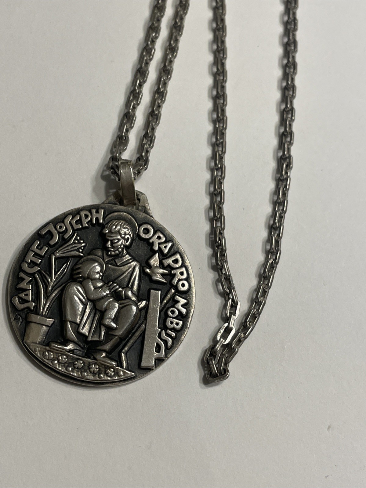 St Joseph Large Medal – Sterling Silver Antique Replica 24” Necklace Pendant
