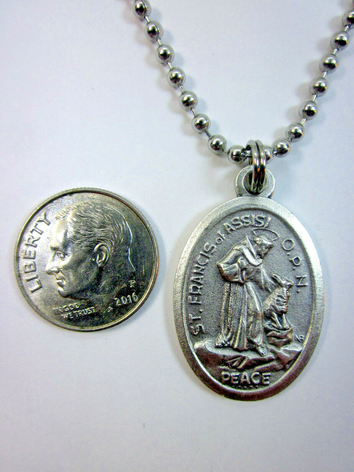 Oversized St Francis w Wolf/Peace Prayer Medal Pendant Necklace 24″ Ball Chain