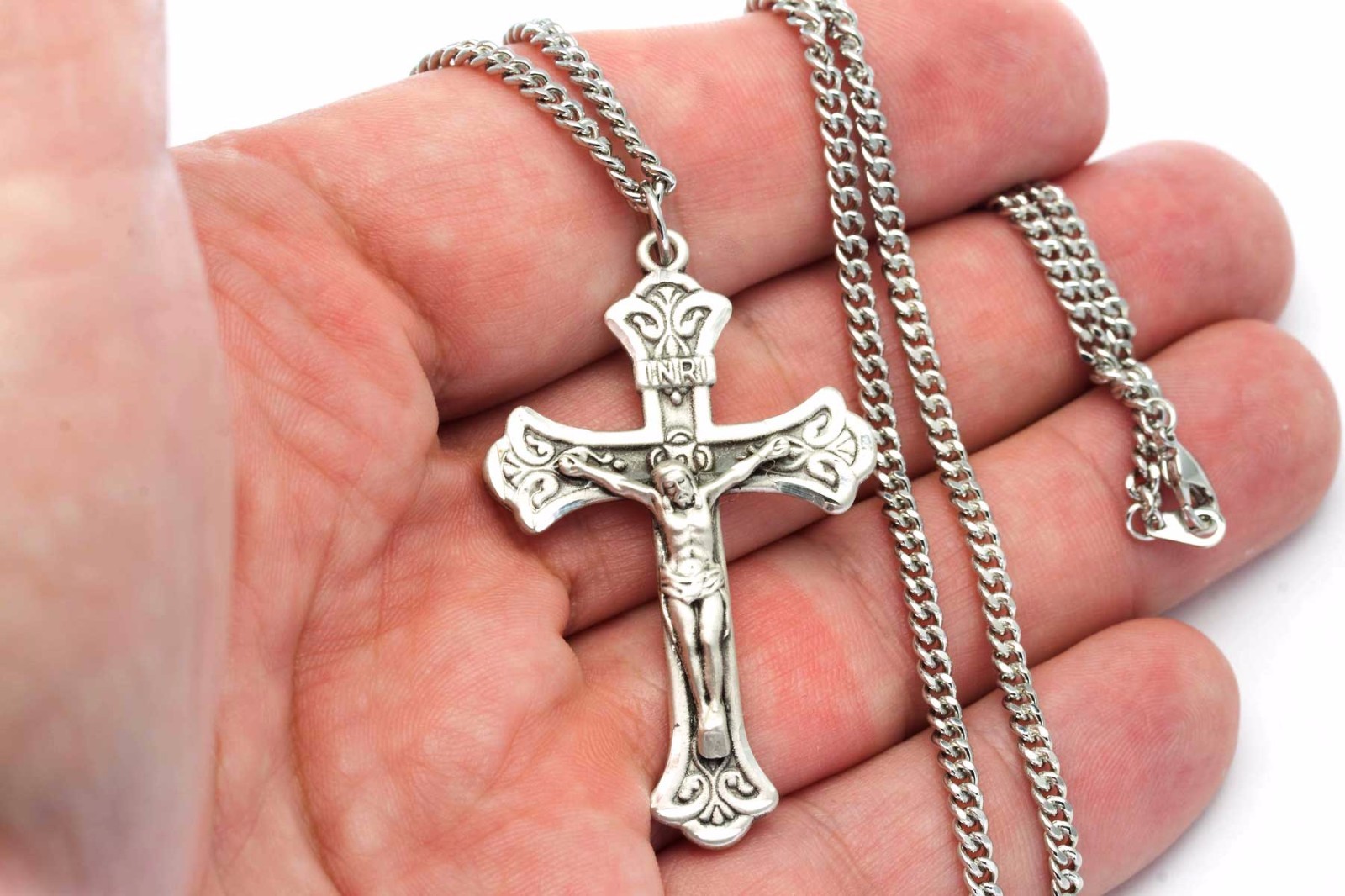 925 Sterling Silver Catholic Crucifix Cross Necklace For Men 24 Chain Made USA